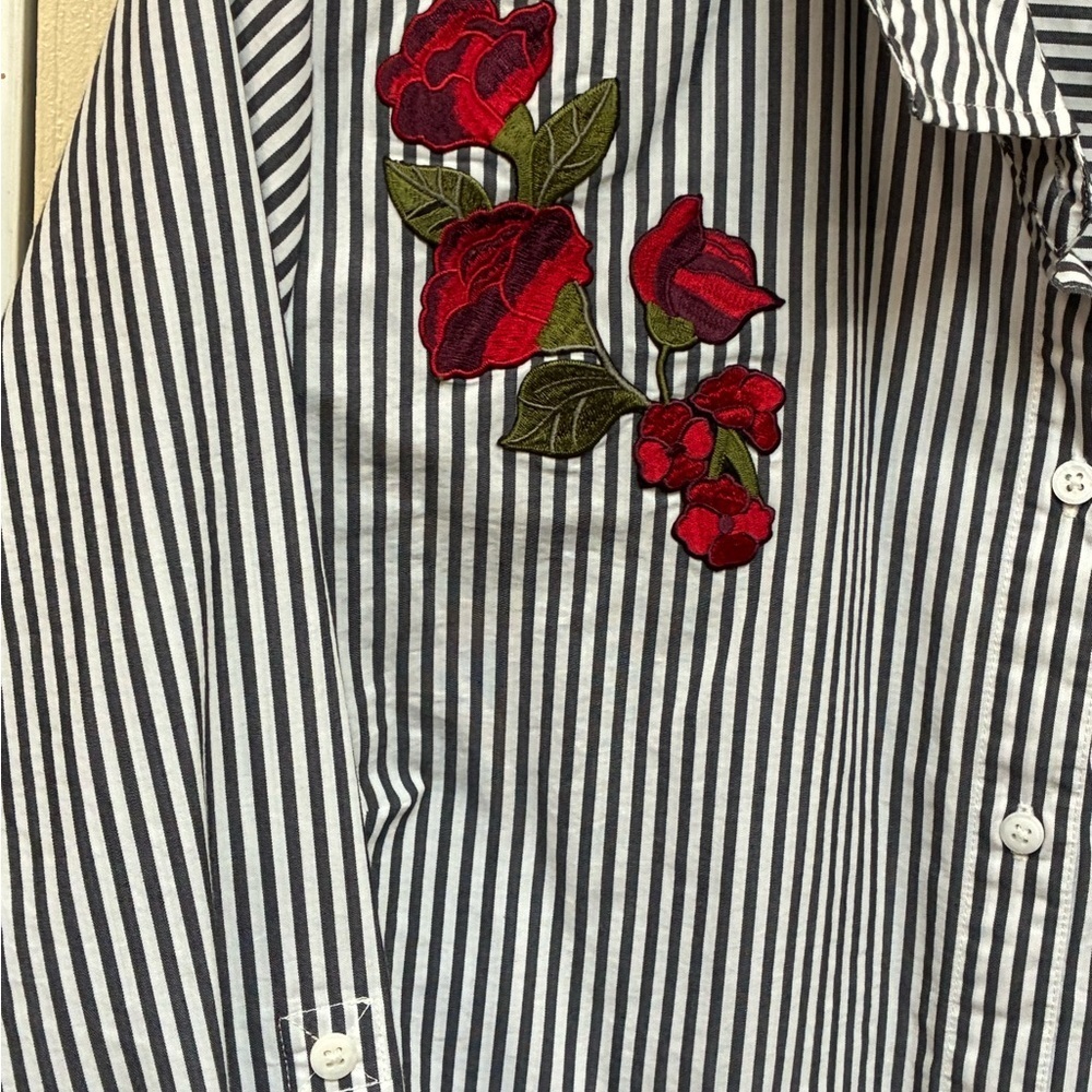 New Striped Shirt with Red Floral Embroidery - Picture 2 of 4